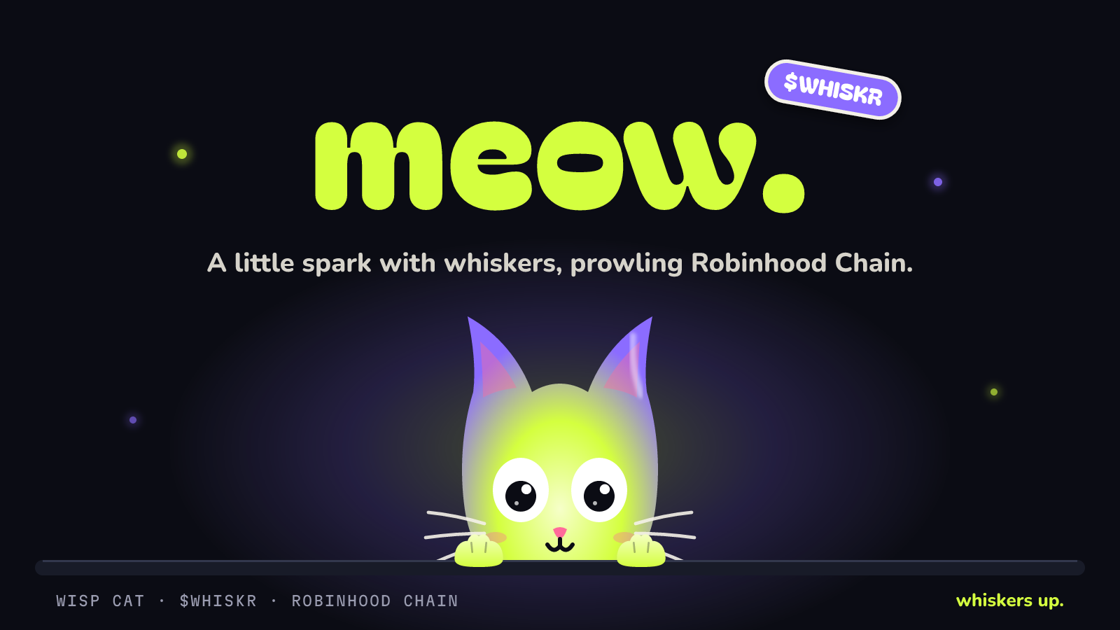 Card: a huge meow. with a small cat peeking up from a ledge underneath.