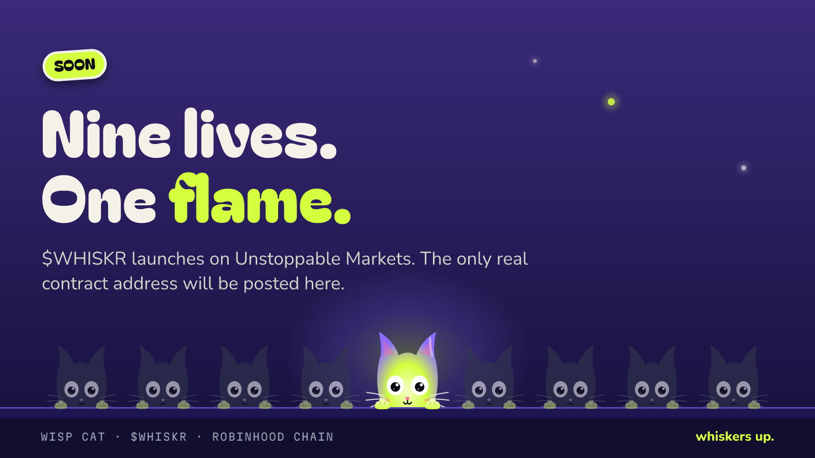Card on violet: Nine lives. One flame. Nine little cats on a ledge, eight faded and one glowing.