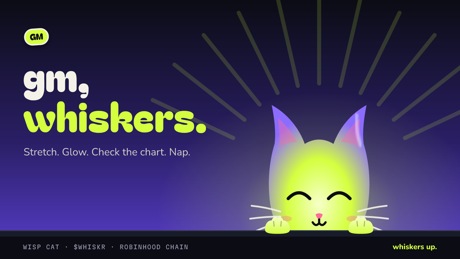 Sunrise card: gm, whiskers. The cat rises over the horizon like the sun.
